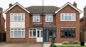 uPVC windows before and after spray painting on a UK home