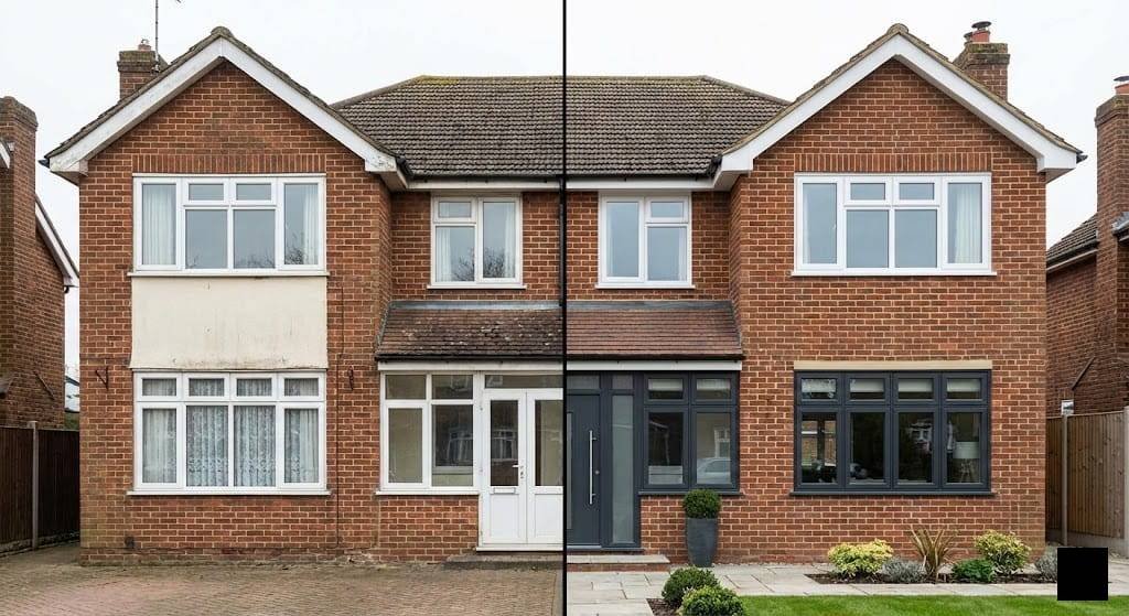 uPVC windows before and after spray painting on a UK home