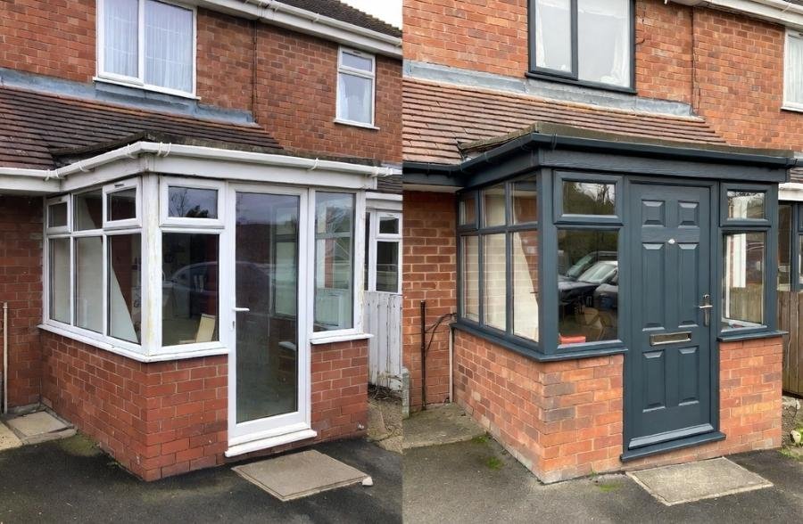 Before and after UPVC spraying on a UK house showing old white frames transformed into anthracite grey windows and door
