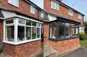 DIY vs professional UPVC window painting comparison on a UK house showing uneven brush finish and smooth anthracite grey spray finish